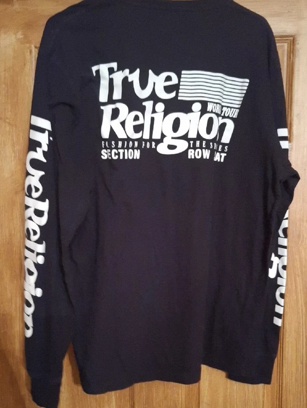 True Religion Black Long Sleeve Logo Tee with White Sleeve Graphics